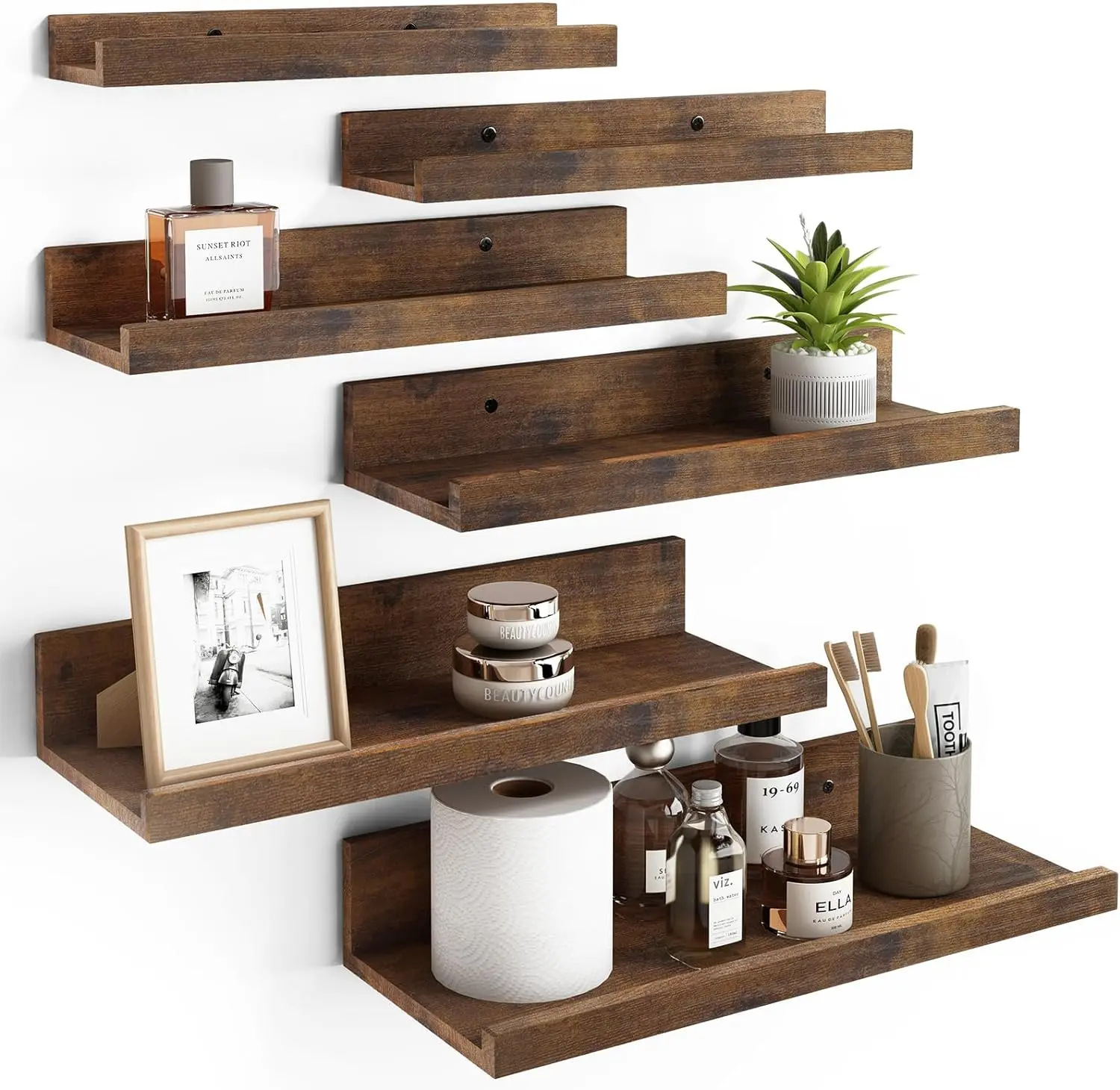 6 Sets of Floating Wall-Mounted Shelves for Home Decor, Modern Picture Ledge Shelves for Living Room, Bedroom, Bathroom, and Kitchen (Brown)