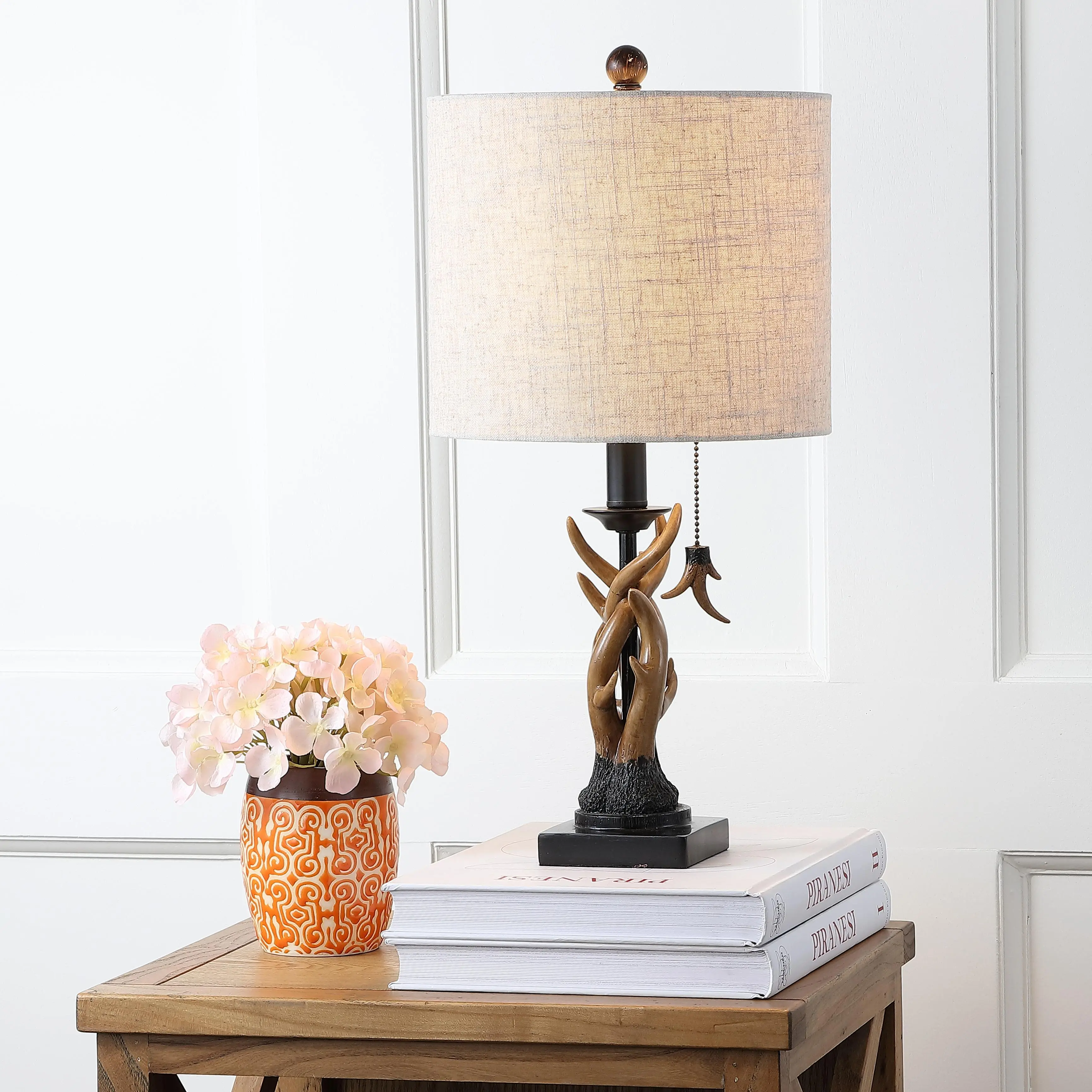 JONATHAN Y Gaston Rustic Faux Antler Resin Table Lamp 20.5" | Mini, Gray Linen Drum Shade, Farmhouse Lodge Style, Pull Chain Switch, Metal Accents, LED Bulb Included