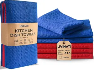 Highly Absorbent Cotton Dish Towels for Drying - Set of 3+3 - Royal Blue + Red Kitchen Towels - 18"X28" Lint Free Waffle Weave Cloth Linen Hand Bathroom Bulk Dishtowels