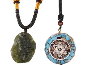 Moldavite Czech Meteorite Raw Rough  Necklace and Orgone Merkaba Metatron Cube Pendant Necklace(Set of 2)