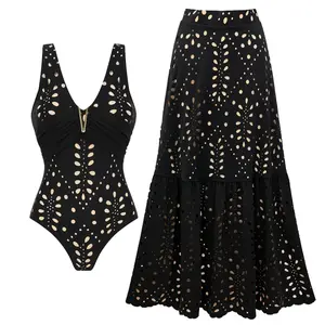 FLAXMAKER Women's V Neck Black Laser Cutting Flower One Piece Swimsuit and Matching Skirt Set Swimdress Beachwear Bathing Suit#Summervibes outdoorfun #SwimWeek