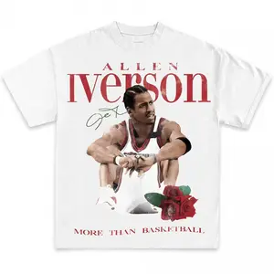 Women's Soft Drape Streetwear Tee Top Tshirt - Allen Iverson More Than Basketball Digital Print, Round Neck Short-Sleeve, Vintage God's Plan Retro Heart Hands USA Mexico Flag, Unisex Boxy Fit Women's Clothes