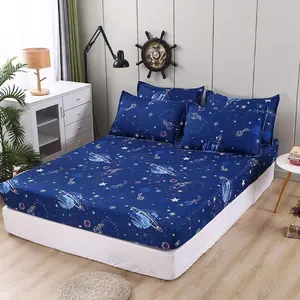 Feelyou Microfiber Galaxy Fitted Sheet Set - Outer Space Universe Planet, Space Rocket Starry Sky Bedding, Blue Stars Twin/Queen Size Luxury Cover, Microfiber Bed Sheets