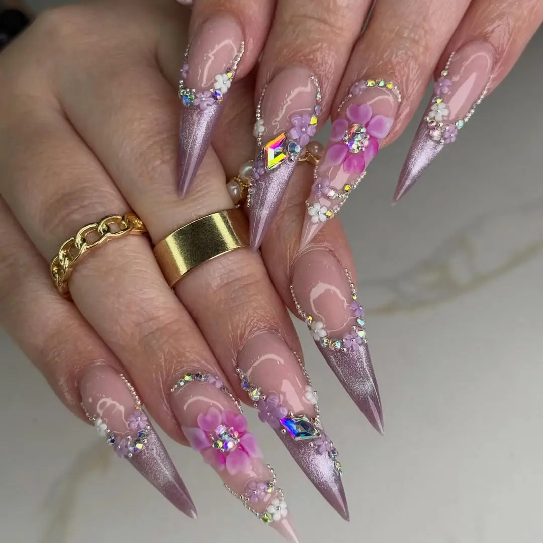 Julina Beauty | Luxury Lilac 3D Flower Rhinestone Press On Nails – Long Stiletto False Nails