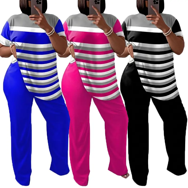 Lady's 2026 Striped 2-Piece Short-Sleeve Summer Sports Loungewear Set - Crew Neck Top, Wide Leg Bottom, Soft Casual Pajama Nightwear for Daily & Jogging, 2 Piece Sets, Women's 2 Piece Set