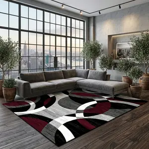 Washable Modern Abstract Area Rug 8x10 5x8 4x6 ft. Super Soft Velvet Indoor Carpet with TPR Non-Slip Backing. Contemporary Black Red Wavy Floor Mat for Living Room Bedroom Dining. Pet Friendly Easy Clean Cozy Room Decor Suitable for Any Scene.