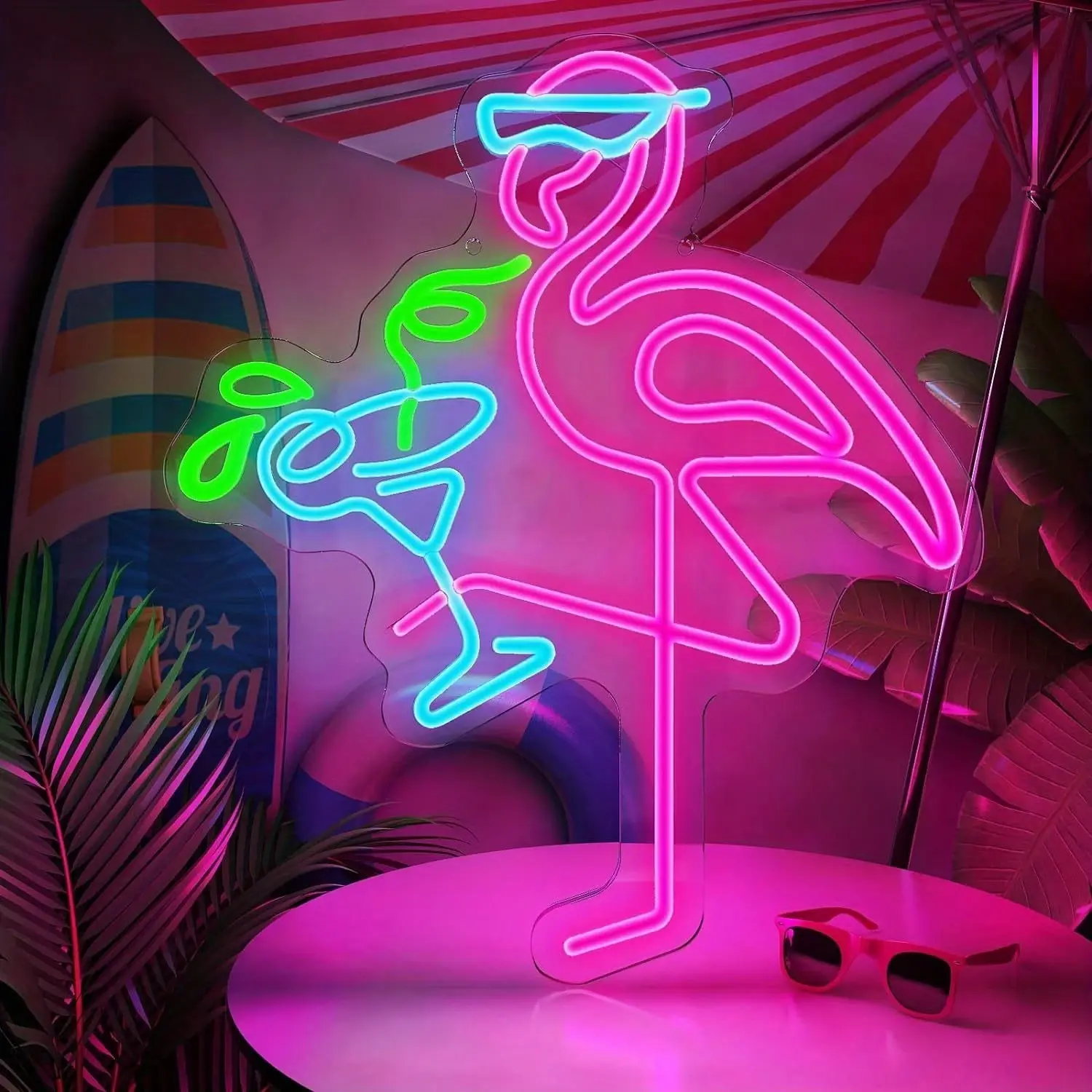 SERBASIC Flamingos Acrylic Neon Sign - Dimmable USB-Powered Neon Wall Lighting Fixtures with ON/OFF Switch, Low Voltage Colorful LED Home Signs, Gift Ideas for Holiday Parties Beach Cafes