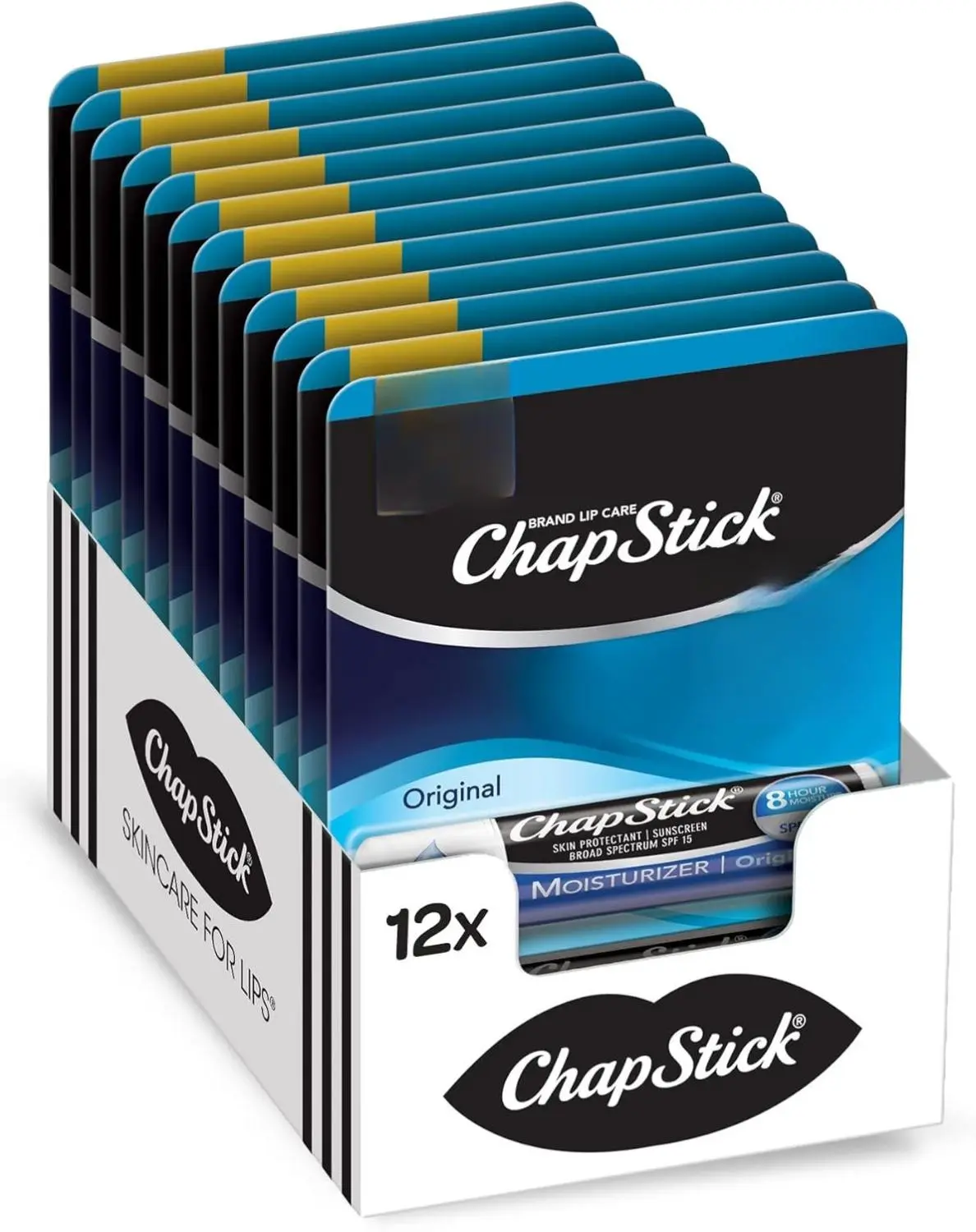 ChapStick Classic Original Hydrating Lip Balm Tubes - Broad-Spectrum SPF 15, 0.15 Oz 12 Pcs, Lanolin & Wax-Based, Aloe Barbadensis Leaf Extract, Vitamin E, 11 Hydrating Ingredients, Paraffin, Outdoor Daily Moisturizer, Sun Protection, Outdoors