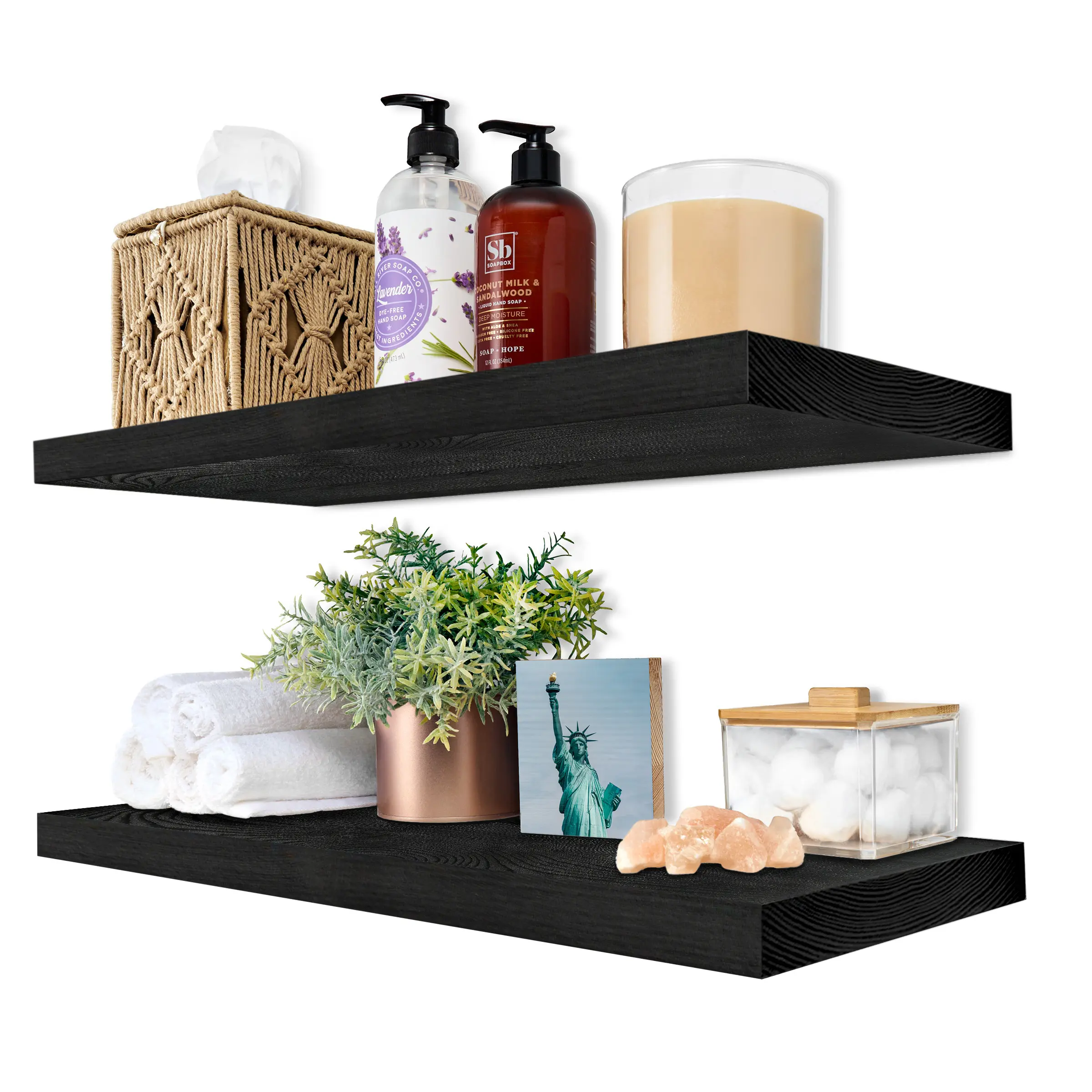 Sorbus Wood Floating Shelves for Wall - 24” Solid Wood Wall Shelves Set of 2 Black Room Wooden Kitchen Shelves - Durable 100% Premium Solid Pine Wall Mounted Organizer Wall Mount Design