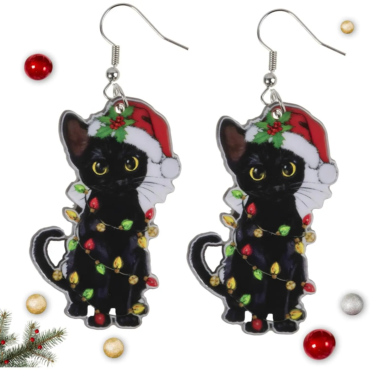 Funny Christmas Black Cat Earrings for Women - Xmas Charms Lightweight Acrylic Dangle Earrings Christmas Outfit Accessories