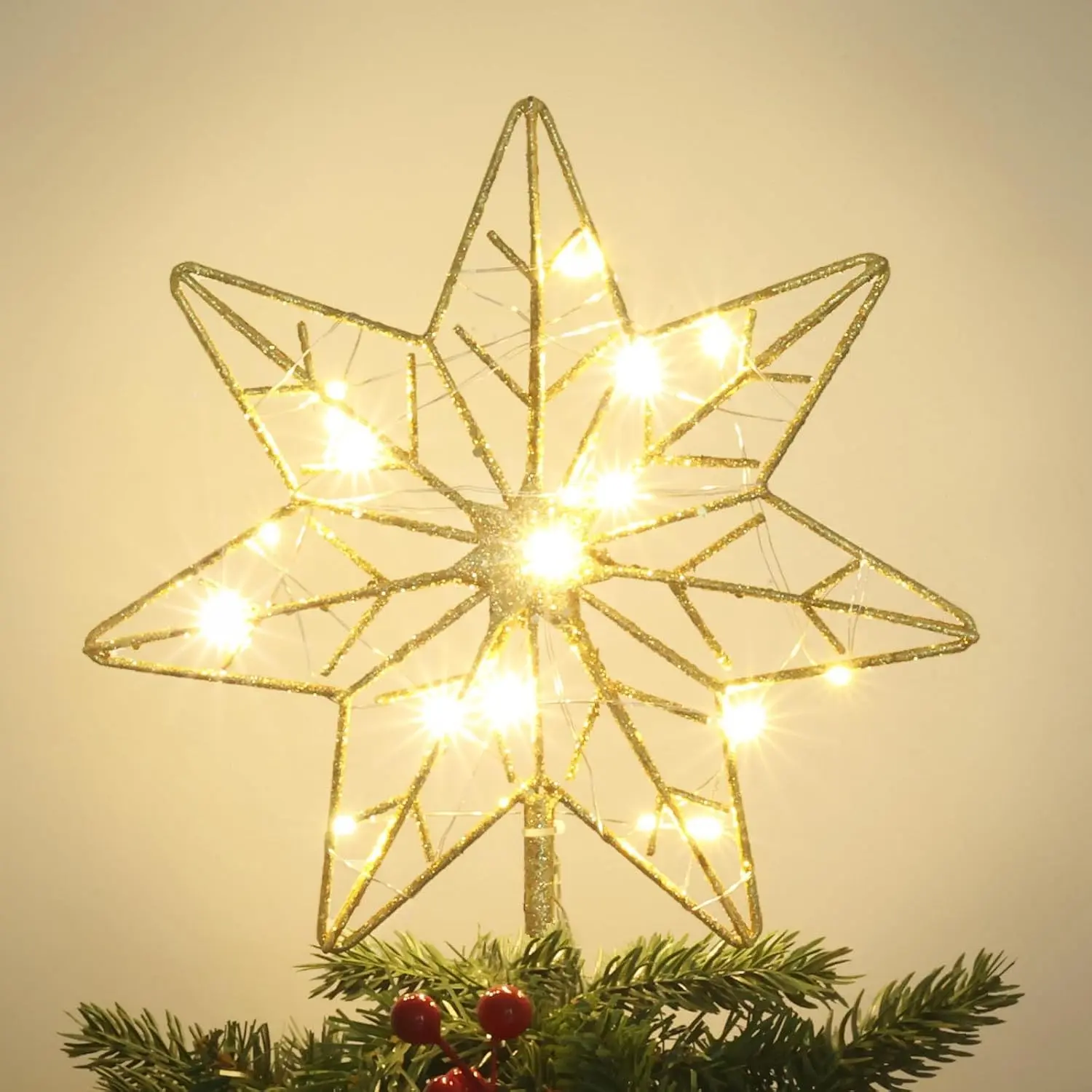 Gold Glittered Hollow 7-Point Star Christmas Tree Topper, Lighted with 20 LED Lights and Timer for Xmas Treetop Holiday Christmas Decorations