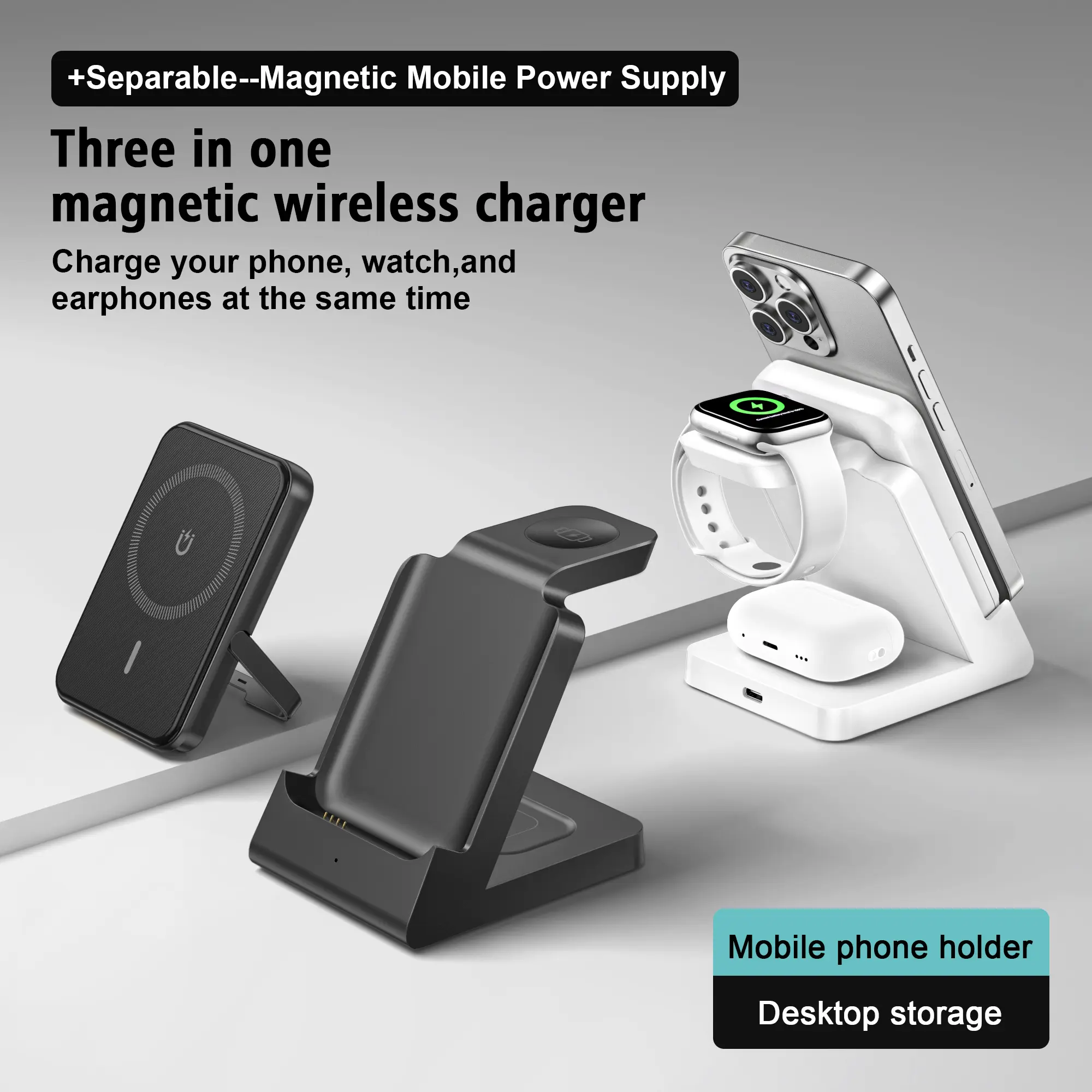Three-In-One Magnetic Rechargeable Wireless Integrated Charging Station, Smart Charging Dock with 5000mah Detachable Power Bank, Foldable Stand, Fast Charge iPhone, Iwatch, Earbuds, Electronic Gadgets