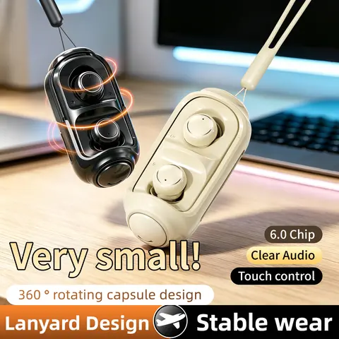 MSHUKCOE MINI16 Lanyard Wireless Earbuds - 2g Ultra-Light In-Ear Bluetooth Earbuds with Touch Control, 6.0 Chip, Hi-Fi Sound, Transparent Plastic Case, Capsule Design, Noise Isolation, Charging Cable, 20kHz Frequency, Water Resistant for Side Sleepers
