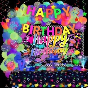 Neon Party Decorations, Glow in the Dark Birthday Supplies, Neon Balloon Arch Set and Background Tablecloth, UV Light Glow Balls, Party Event Props