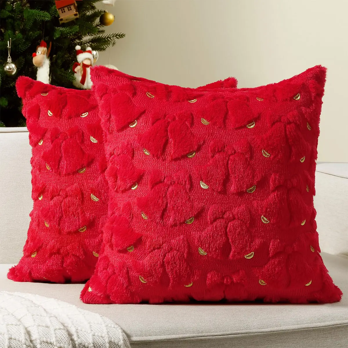 18x18 in Soft Faux Fur Christmas Throw Pillow Covers (2pcs), Nylon Fabric 3D Embroidered Xmas Red Winter Bell Holiday Decor Cushion Cases for Couch Bedroom, Xmas Bell