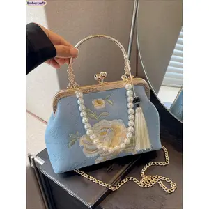 Women's Embroidered Peony Floral Handbag - Vintage Gold Pearl Tassel Evening Purse, Vintage Crossbody Purses, Niche Aesthetic Handheld Bag, Wedding Guest Banquet Statement Gift Bag