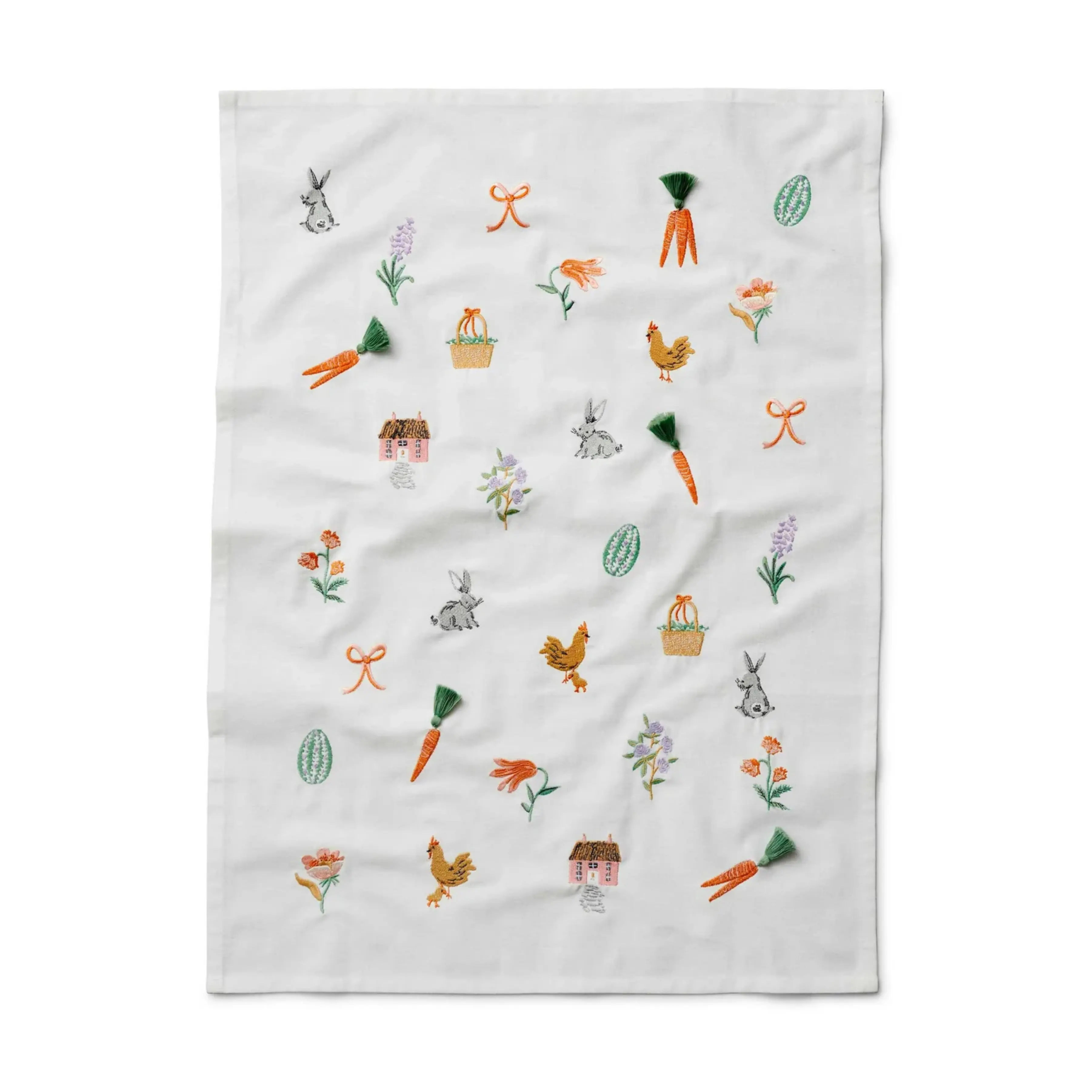 RIFLE PAPER CO Cotton Hanging Tea Towel - 21" w × 28" l, Carrot Embroidery, Easter Spring Farm Theme, Hanging Loop, Tassel Accents, Line Dry, Hand Wash, Warm Iron, for Kitchen/Bath Home Use, Embroidery Details