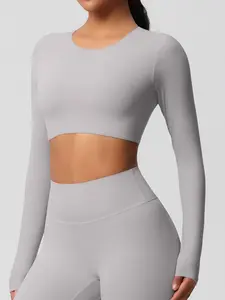 Women's Solid Long Sleeve Crop Sports Tee, Casual Comfy Breathable Cropped Top for Yoga Gym Workout, Ladies Sportswear, Athletic Sports Clothing, Activewear Fitness for All Seasons