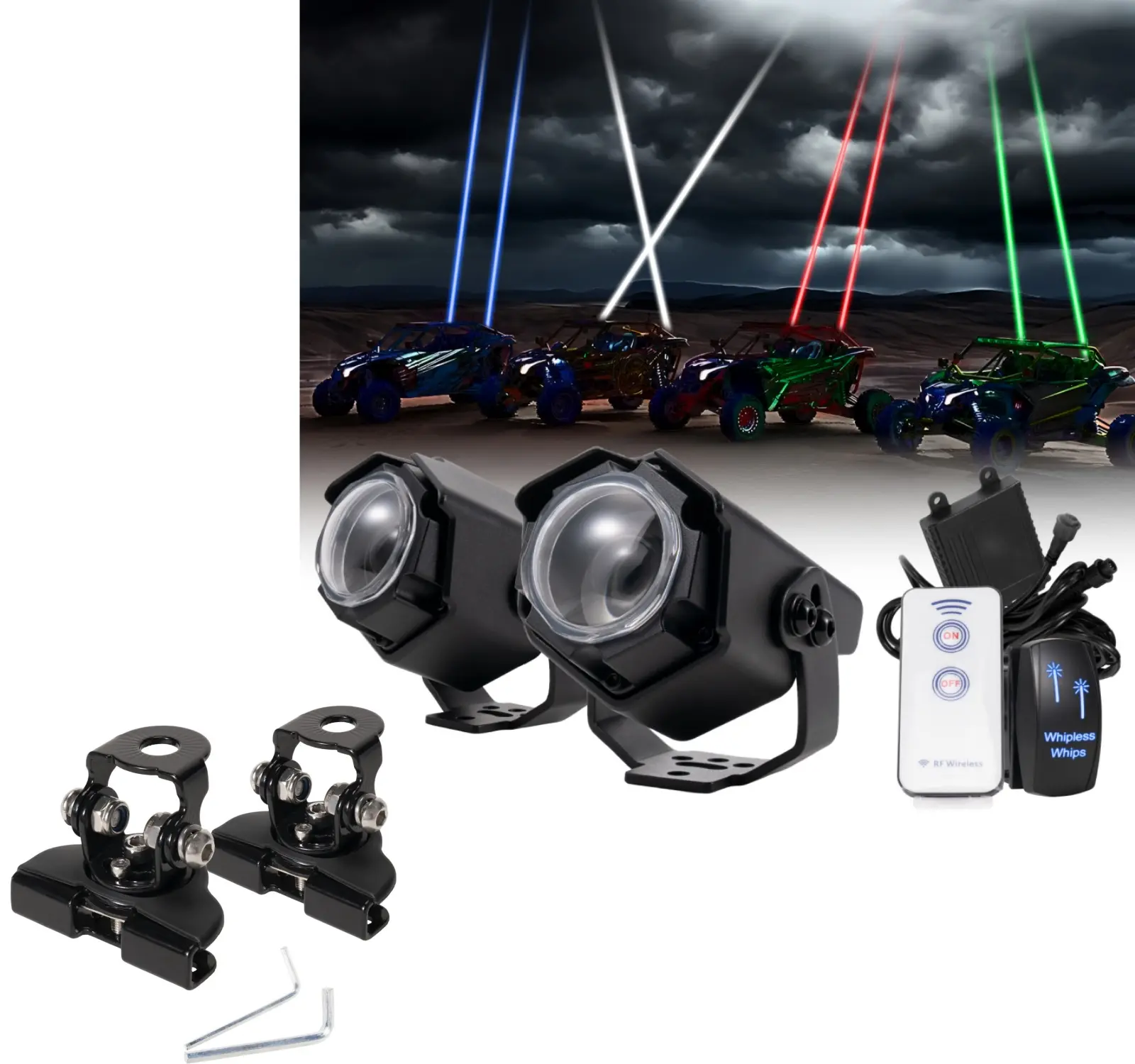 YCHOW-TECH Whipless RGBW Laser Whip Lights with Switch & Remote, Weatherproof LED Pods, Heat Resistant Aluminum Body, Adjustable Mounting Brackets, 500m Beam Distance, Off-Road Vehicle Accessories for ATV/UTV, Jeeps, Vehicles, Extremely Narrow Beams