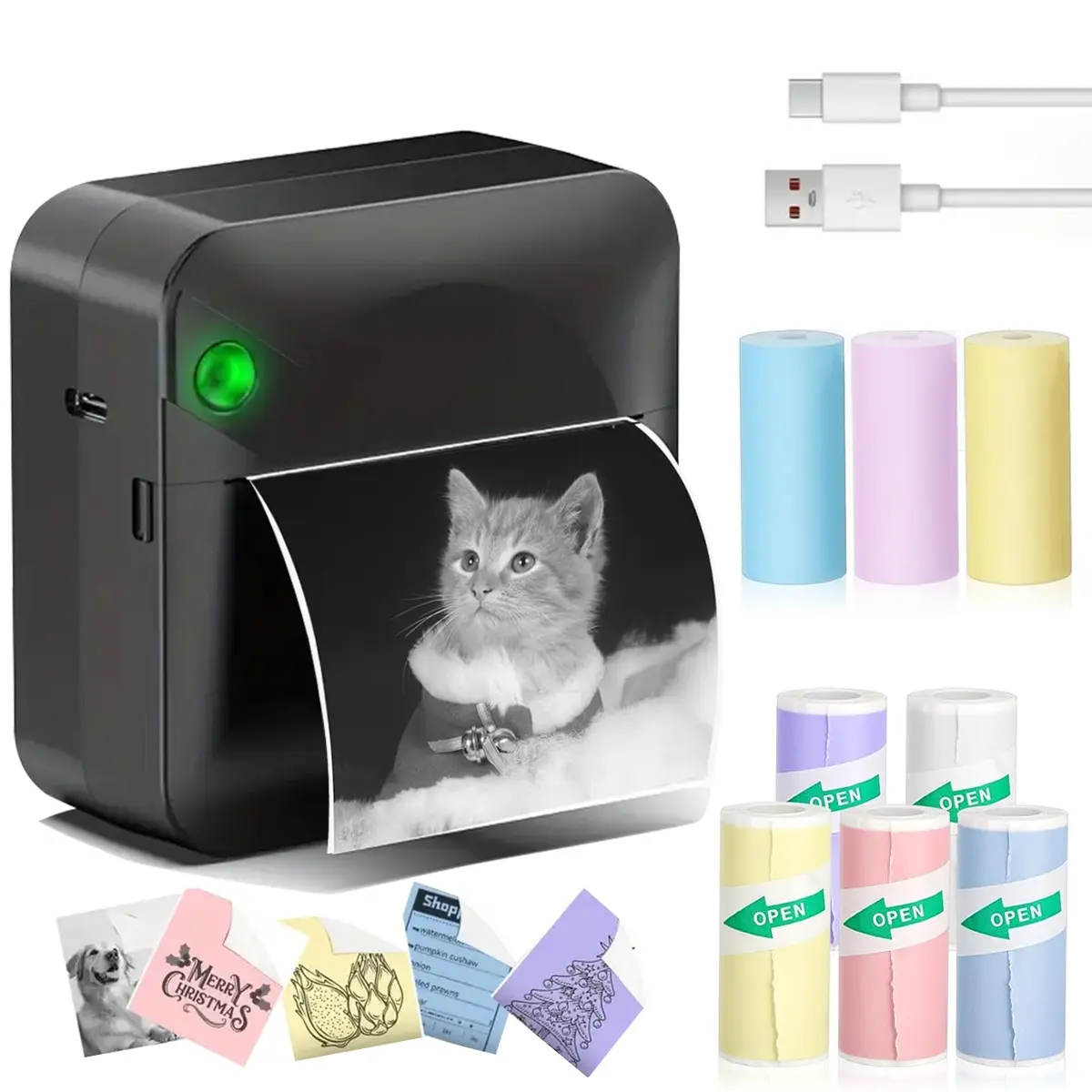 Mini Printer, Inkless Sticker Printer, Portable Thermal Sticker Maker with 8 Roll Paper, Compatible with iOS & Android, Sticker Printer for Study Notes, Pictures, DIY, Journal, Portable Thermal Printers
