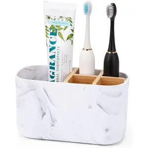 Toothbrush Holders for Bathrooms, 5 Slots Bamboo Toothbrush Holder Kids Electric Toothbrush Holder and Toothpaste Holder for Bathroom Countertop Accessorie