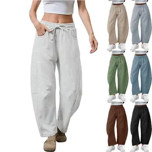 SCUSTY Women's Barrel Leg Pants Drawstring Elastic Waisted Casual Cotton Wide Leg Sweatpant with Pockets SCUSTY Women's Barrel Leg Pants Drawstring Elastic Waisted Casual Cotton Wide Leg Sweatpant with Pockets