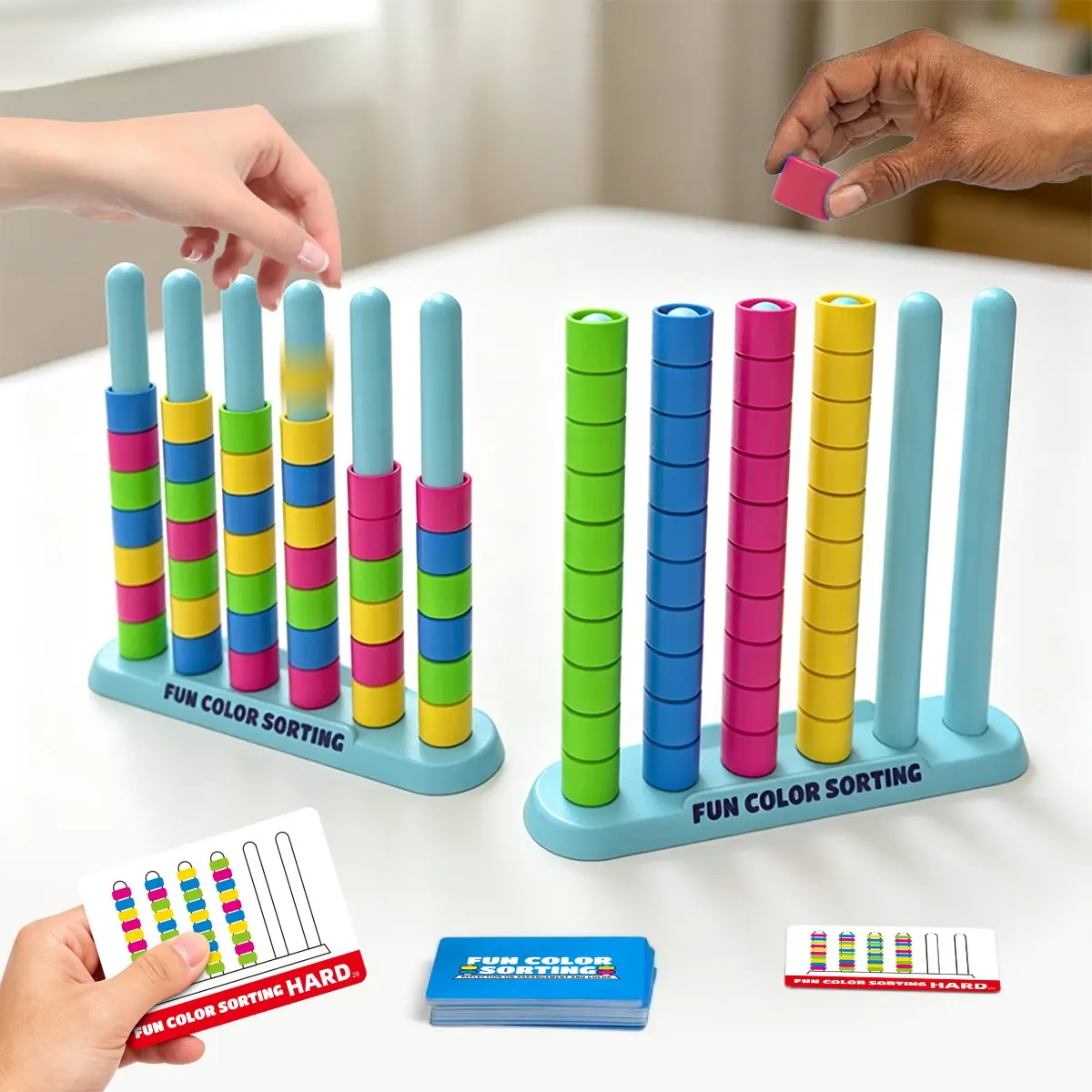 Color Sorting Stack Puzzle Game, Stacking Game for Kids & Family Fun Game, Ring Matching Brain Teaser, Fast Reflex Strategy Game for 2 Players, Includes Challenge Cards, Blocks Set