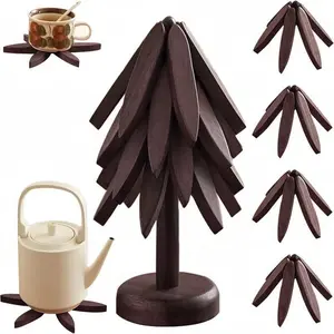 Wooden Trivets for Hot Dishes, Tree Shape Trivet Set, 4 Walnut Wood + 1 Stand stored Like a Christmas Tree,Foldable Kitchen Wooden Trivet,for Hot Dishes、Pot、Bowl、Teapot、Hot Pot Holder