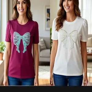 P0801-Elie Blouse with puff sleeves and beautiful bow detail 95%Cotton 5%Elastane