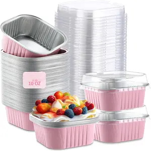 10 oz Square Aluminum Foil Bakeware Cups Set (30-Piece, 4"x4"), Disposable Mini Cake Pans with Transparent Lids, Oven-Safe Kitchen Utensils for Brownie, Pudding, Desserts (Pink)