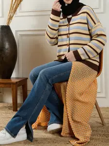 Fashionable Y2K Striped Knit Sweater, Round Neck Button-Down Drop Shoulder Cardigan, Casual All Seasons Wear, Elegant Daily Essential, Everyday, Womenswear