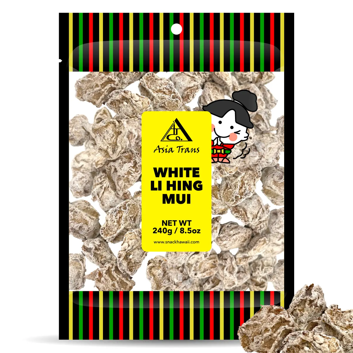 Asia Trans Seeded White Li Hing Mui Crack Seed Plums Dried Fruit Snack, Hawaiian Favorite, Salty-Sour-Bitter Sweet Candy, 24-Month Shelf Life, Ideal for Bag & Cupboard Storage