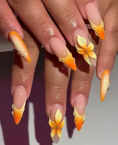 Sunset Ombre Press On Nails: 3D Floral Almond Nails