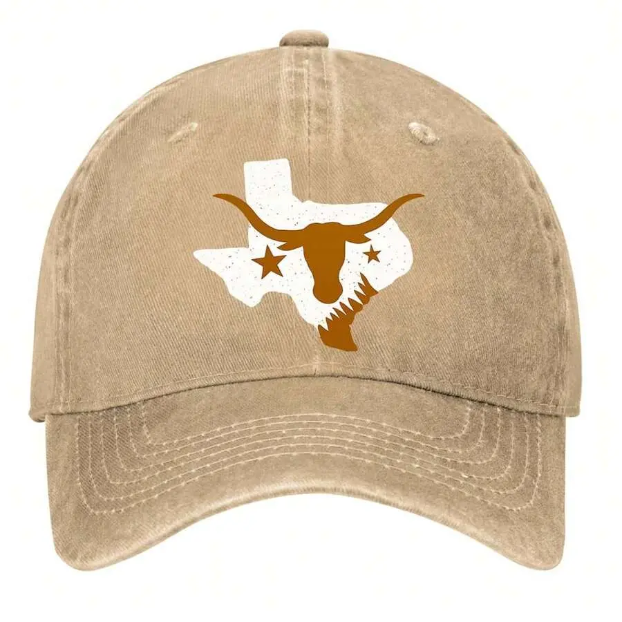 Texas Longhorn Silhouette Baseball Cap, Unisex Vintage Washed Cotton Denim with Stars Print, Adjustable Casual Sports Hat with Glowing Effect, Classic Baseball Hat, Sweatband, Luminous, One Size