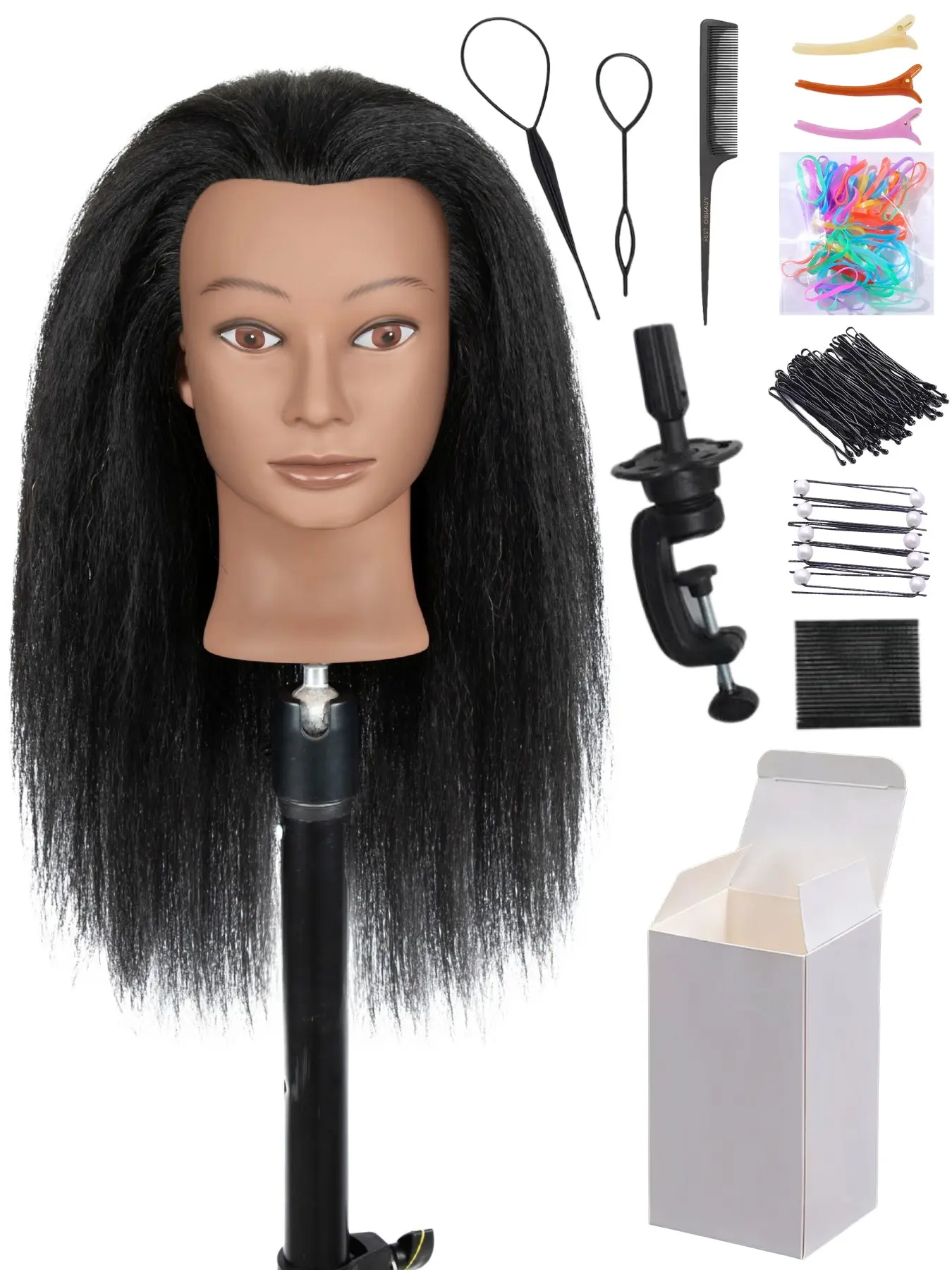 Mannequin head with 100% real human hair, beauty doll head for hairdressers to practice braiding, styling, curling, and cutting hair, Display includes a stand, a tool kit, Comprehensive tool kit, Styling Tools