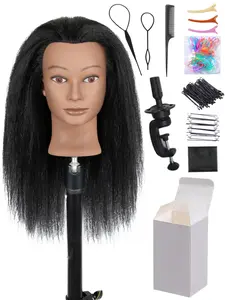 Mannequin head with 100% real human hair, mannequin head with real human hair, beauty doll head for hairdressers to practice braiding, styling, curling, and cutting hair. Display includes a stand and a tool kit