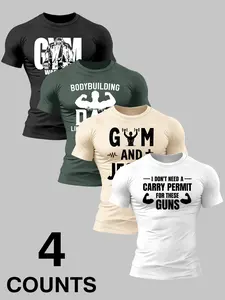 Men's 4 Pack Fun Fitness Graphic T-Shirts, Motivational Slogan Prints, Slim Muscle Fit, Breathable Quick Dry Stretch Fabric