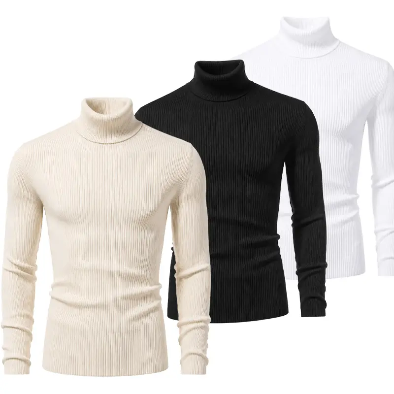 Men's 3-Pack Ribbed Knitted Turtleneck Tops, Slim Fit Long Sleeve Pullover, Soft Lightweight Base Layer for Everyday Menswear, Set