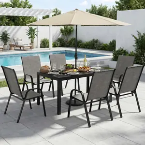 【SHIPS IN 2 BOXES】Pamapic Outdoor Dining Sets for 6, Rectangular Steel Slat Table with 6 Textilene Chairs, 7 Piece Patio Table and Chairs Set with Umbrella Hole for Patio, Garden, Backyard and Poolside (Grey)