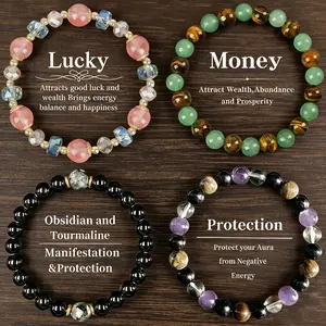 Exquisite Boho Crystal Beaded Bracelets - Obsidian, Black Tourmaline & Tiger Eye for Money Attraction, Elegant Elastic Stacking Jewelry for Party Daily Wear, Good Luck Gift bracelet for Women Men Couples, Ideal Gift for Mom's Day,summerwins FathersDayGift