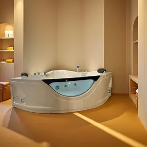 59-inch white corner massage bathtub for two, luxury jetted spa tub, equipped with 6 spa jets, color therapy LED lights and air-powered adjustable system