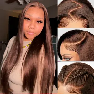 [#4 Chocolate Brown] Megalook 13x6 Glueless HD Lace Frontal Wigs Silky Straight HD Lace Glueless Wig Pre Bleached Tiny Knots Put On Go Beginner Friendly