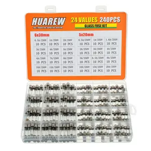 24 Values 240 Pcs Fast Blow Glass Fuses 250 V Volt 5x20 mm 0.5 1 1.6 2 3 4 5 6.3 8 10 15 20 A 6x30 mm 0.5 1 2 3 4 5 6 7 8 10 15 20 A amp Assortment Kit