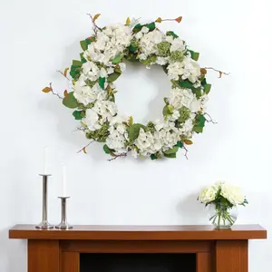 360 Stand 36-in White & Green Plastic Artificial Hydrangea Wreath, Traditional Door Hanging Ornaments, Long-Lasting Nature-Inspired Home Decor for Table Display, Ideal Home Gift