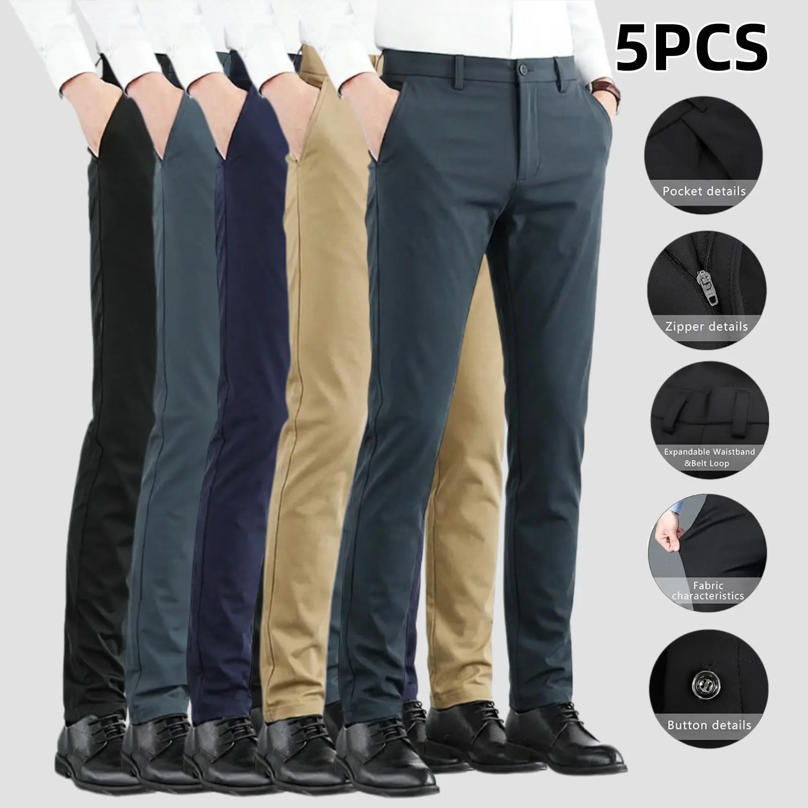 5-Pack Men's Slim Fit Stretch Chino Pants, Business Casual Golf Dress Pants, Wrinkle Resistant Breathable Soft Fabric Classic Minimalist Formal Trousers for Mens Office Wear Everyday Business Style