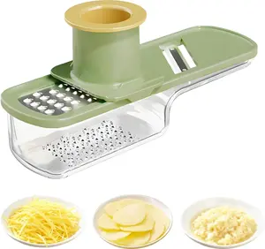 Mini Garlic Slicer,Functional Mandoline Slicers,Veggie Shredder,3 in 1 Ginger Garlic Grater with Hand Guard, Grinder Vegetable Mandoline Cutter with Container (Green)