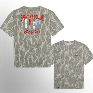 New Mossy Oak unisex "Spent My Dollar on Beer" t-shirt, Y2K style for men and women, Bottomland Camo print, casual wear, perfect for couples.