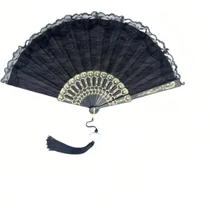 1920s Vintage Bridal Lace Fan, Foldable Floral Embroidery Hand Fan with Gold Glitter & Tassels - Wedding Dance Tea Party Gift for Women, Mother, Bride, Compact Retro Cosplay