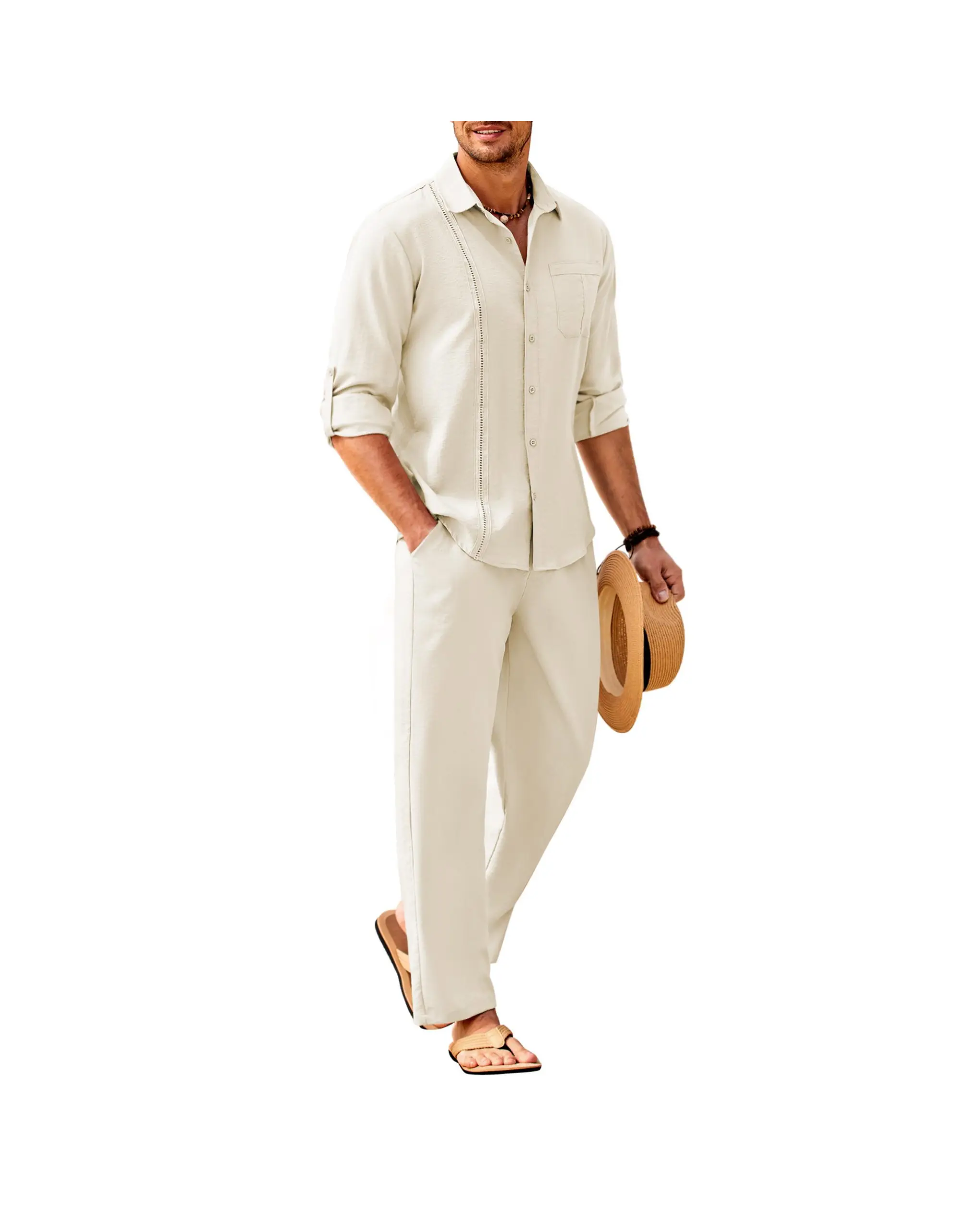 Coofandy Men's 2 Piece Sets Casual Long Sleeve Button Down Cuban Shirt & Loose Pants Set for Beach Vacation Outfits Soft Classic Linen Fabric