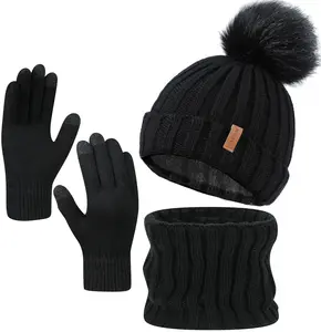 Unisex Winter Knit Hat Scarf Gloves Set – 3 Piece Fleece Lined Beanie with Sensitive Touch Screen Gloves, Thick Double Layer Warm Design for Outdoor Travel, Daily Wear & Festive Gifting in Autumn and Winter 2026